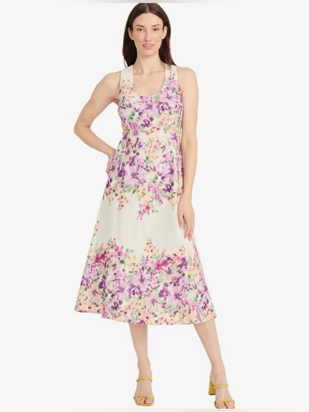 Maggy London Cream Midi Dress Size 8 with Purple Floral Print Ivory/ Pink-NWT